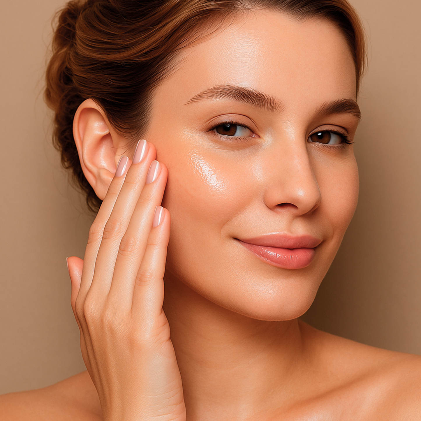 Close-up of a woman with glowing, healthy skin gently touching her cheek, showcasing a dewy finish after applying skincare product Snail Mucin Essence, against a neutral beige background.