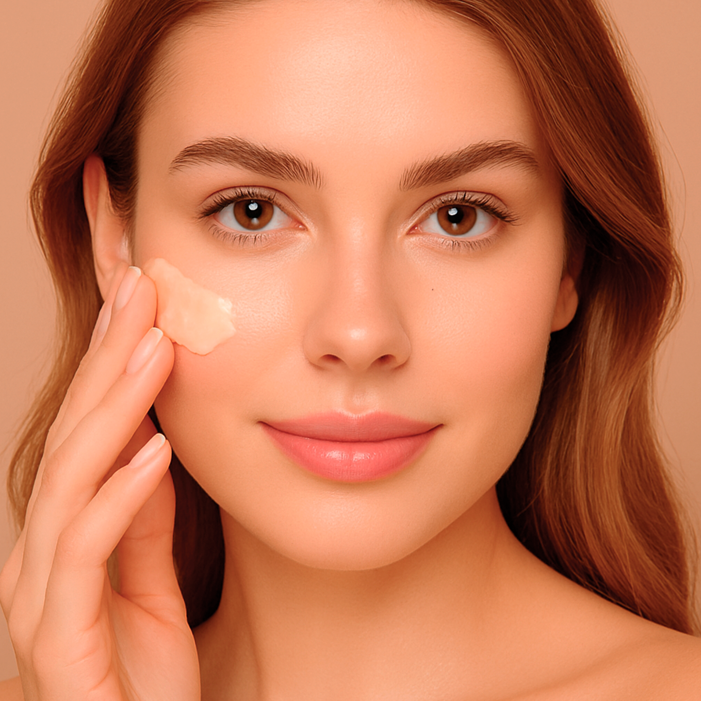 Close-up of a young woman looking at the camera while applying a peach-colored skincare cream to her cheek tallow balam lunelle, with glowing skin, soft natural makeup, and a warm beige background.
