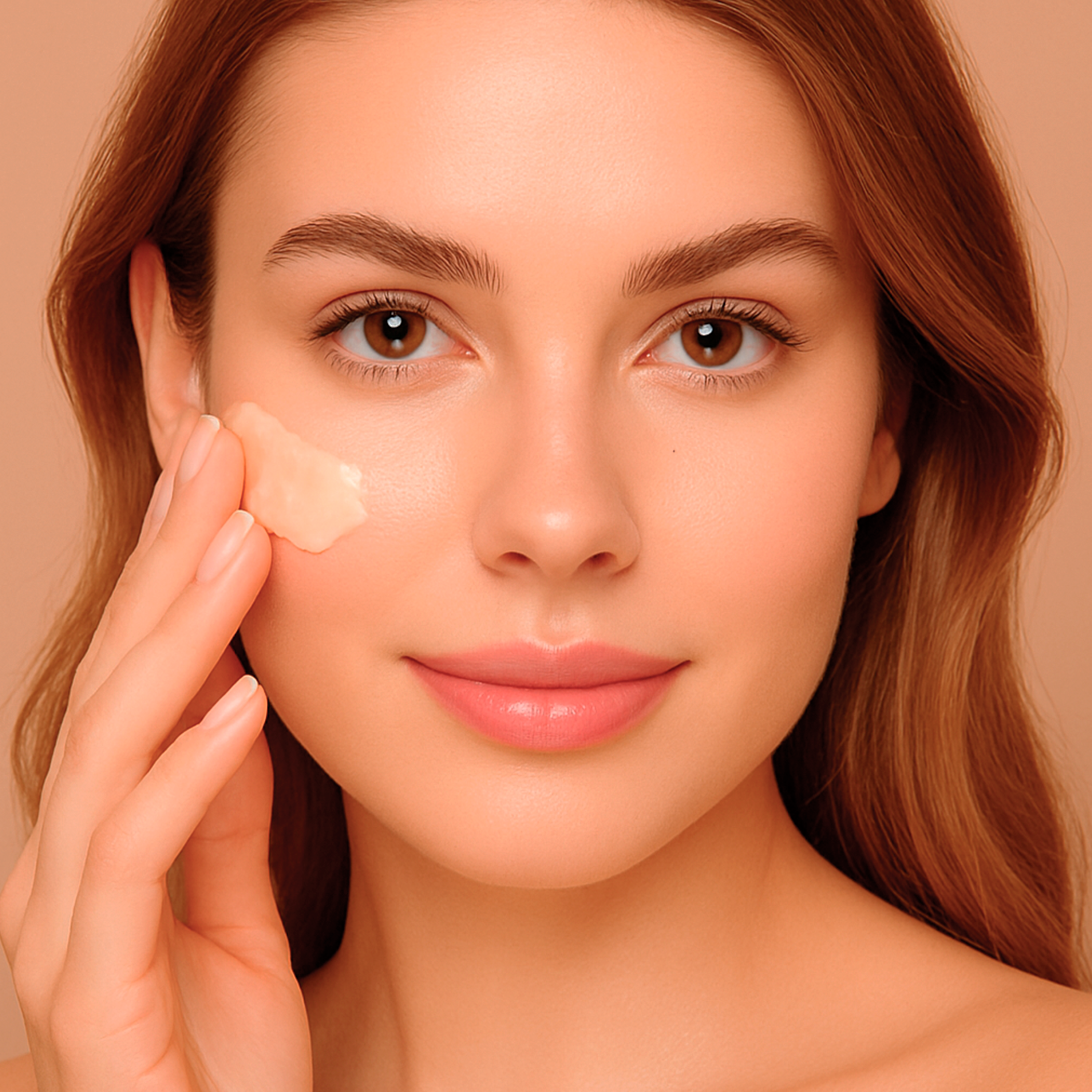 Close-up of a young woman looking at the camera while applying a peach-colored skincare cream to her cheek tallow balam lunelle, with glowing skin, soft natural makeup, and a warm beige background.