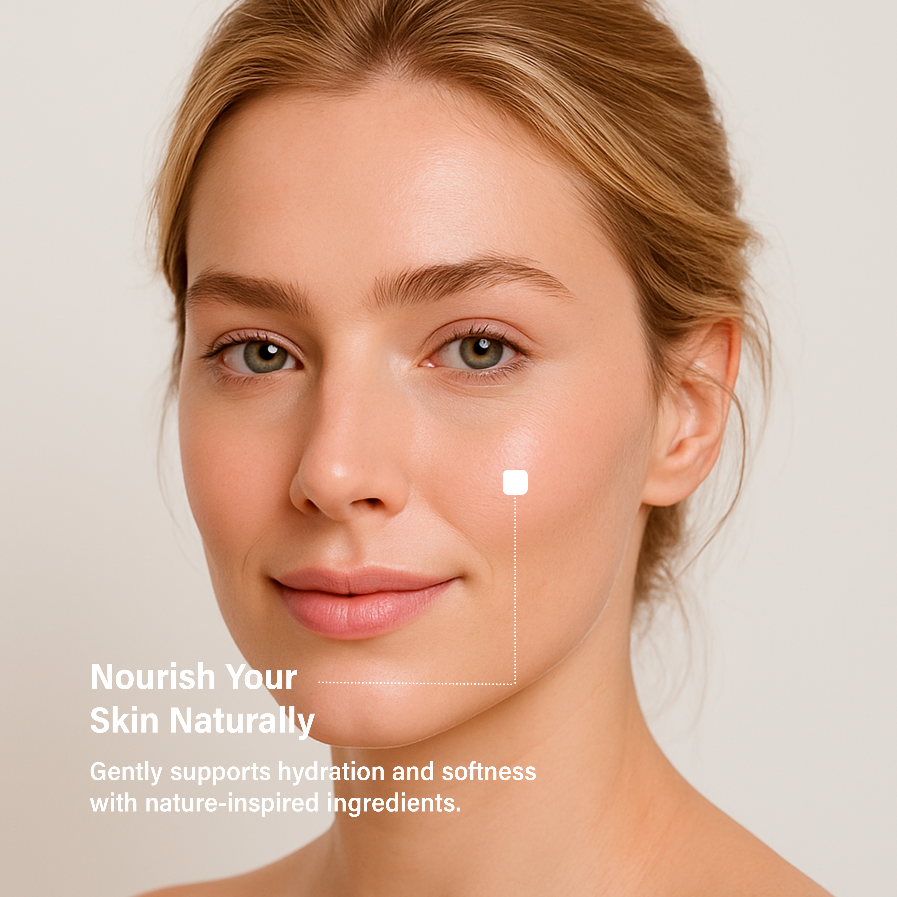 Close-up of a blonde woman with smooth, healthy-looking skin and a soft smile, shown against a light background, with overlay text describing gentle hydration and nature-inspired skincare benefits.